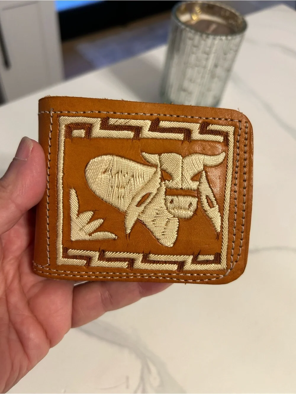 Mexican Small Leather Bifold Wallet with Embroidered Bull Motif - Kids/Adults